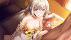 Rule 34 | 1boy, 1girl, blue eyes, bow, breasts, censored, clothed female nude male, clothes pull, collarbone, detached sleeves, dress, dress pull, frilled sleeves, frills, game cg, hair bow, handjob, linaria festa, long sleeves, mosaic censoring, nipples, nude, official art, open mouth, penis, shiny skin, short hair, silver hair, small breasts, sora no kanata no dystopia x shitei, white dress, white sleeves, wide sleeves, yellow bow