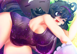 Rule 34 | 1girl, @ @, ahoge, alternate breast size, alternate costume, artist name, bare shoulders, blush, bottomless, breasts, closed mouth, creatures (company), drooling, female focus, from above, game freak, gen 1 pokemon, gengar, hair between eyes, hairband, hakkasame, half-closed eye, hand up, hex maniac (pokemon), large breasts, long hair, lying, messy hair, nintendo, no bra, nose blush, npc trainer, on side, one eye closed, open mouth, outstretched arm, plump, pokemon, pokemon (creature), pokemon xy, purple eyes, purple hair, purple hairband, purple shirt, saliva, shirt, sideboob, signature, sleeveless, sleeveless shirt, smile, solo focus, teeth, thick thighs, thighs, twitter username, very long hair, wavy mouth