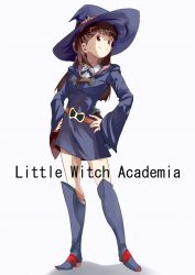 Rule 34 | 10s, 1girl, blunt bangs, boots, brown hair, contrapposto, copyright name, hands on own hips, hat, kagari atsuko, knee boots, little witch academia, looking at viewer, red eyes, shirowa, smile, solo, standing, thighs, white background, wide sleeves, witch, witch hat