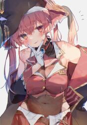 Rule 34 | 1girl, bare shoulders, blush, breasts, cleavage, coat, covered navel, gloves, hat, heterochromia, highres, hololive, houshou marine, large breasts, long hair, otintin, pirate hat, pleated skirt, red eyes, red hair, red skirt, see-through, see-through cleavage, simple background, skirt, smile, solo, virtual youtuber, white background, white gloves, yellow eyes