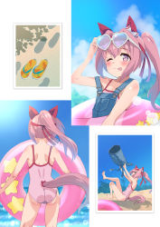 Rule 34 | 1girl, :p, animal ears, ass, barefoot, beach, bow, casual one-piece swimsuit, commentary request, denim, ear covers, eyewear on head, hair bow, hair intakes, haru urara (umamusume), headband, heart, heart-shaped eyewear, highres, horse ears, horse girl, horse tail, innertube, leg up, long hair, ocean, one-piece swimsuit, one eye closed, outdoors, overalls, photo (object), pink eyes, pink hair, pink one-piece swimsuit, ponytail, ribbon, saeki tatsuya, sandals, sitting, smile, solo, sunglasses, swim ring, swimsuit, swimsuit under clothes, symbol-shaped pupils, tail, thighs, toes, tongue, tongue out, umamusume, undressing, unworn sandals