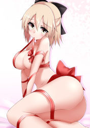Rule 34 | 1girl, ass, bare shoulders, barefoot, black bow, blonde hair, bow, breasts, cleavage, collarbone, fate/grand order, fate (series), hair bow, highres, koha-ace, looking at viewer, midriff, minato yoshihiro, mouth hold, naked ribbon, navel, okita souji (fate), okita souji (koha-ace), red bow, ribbon, short hair, simple background, solo, stomach, teardrop, tears, thighs, tsurime, white background, yellow eyes