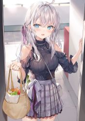 Rule 34 | 1girl, absurdres, ahoge, bag, bare shoulders, black shirt, blouse, blue eyes, cabbage, character request, clothing cutout, commentary request, cowboy shot, frilled skirt, frilled sleeves, frills, grey hair, grey skirt, hair ribbon, highres, holding, holding bag, jewelry, lettuce, long hair, long sleeves, momoko (momopoco), necklace, onion, open mouth, pendant, plaid, plaid skirt, pleated skirt, purple ribbon, ribbon, shirt, shoulder cutout, skirt, solo, spring onion, tokidoki bosotto roshia-go de dereru tonari no arya-san, tomato, turtleneck, wide sleeves, yellow bag