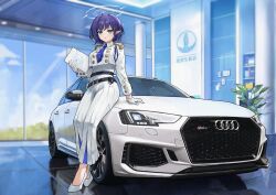 Rule 34 | 1girl, absurdres, aoi (blue archive), audi, audi rs4, blue archive, blue necktie, blue sky, car, cloud, commentary, day, dress, fr-ee-dom, gloves, grey eyes, halo, high heels, highres, holding, holding paper, indoors, long sleeves, looking at viewer, mole, mole under eye, motor vehicle, necktie, paper, pointy ears, purple hair, reflection, short hair, sky, solo, vehicle focus, white dress, white footwear, white gloves