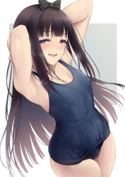 Rule 34 | 1girl, :d, arm behind head, armpits, arms up, black hair, black one-piece swimsuit, bow, breasts, commentary request, covered erect nipples, covered navel, grey eyes, hair bow, highres, kanata (kanata onion), long hair, looking at viewer, old school swimsuit, one-piece swimsuit, open mouth, original, polka dot, polka dot bow, school swimsuit, sidelocks, simple background, small breasts, smile, solo, standing, swimsuit, teeth, upper teeth only, wet