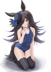 Rule 34 | 1girl, animal ears, bare arms, bare shoulders, black hair, black hat, black thighhighs, blue flower, blue one-piece swimsuit, blue rose, chen bingyou, collarbone, commentary request, covered navel, eyes visible through hair, flower, full body, hair over one eye, hand up, hat, hat flower, head tilt, highres, horse ears, horse girl, horse tail, long hair, looking at viewer, no shoes, one-piece swimsuit, parted lips, purple eyes, rice shower (umamusume), rose, school swimsuit, school uniform, solo, swimsuit, tail, thighhighs, tilted headwear, umamusume, very long hair, wavy mouth, white background