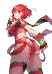 Rule 34 | 1girl, absurdres, ass, black gloves, bob cut, breasts, commentary request, fingerless gloves, gloves, green322, highres, large breasts, looking at viewer, looking back, nintendo, pink hair, pyra (xenoblade), red eyes, short hair, short shorts, shorts, simple background, skindentation, solo, thighs, v, white background, xenoblade chronicles (series), xenoblade chronicles 2