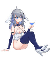 Rule 34 | 1girl, absurdres, ahoge, animal ears, aningay, bare shoulders, blue bow, blue bowtie, blue eyes, blue hair, blue thighhighs, bow, bowtie, breasts, bridal gauntlets, cleavage, cocktail glass, collar, cup, detached collar, drinking glass, full body, grey hair, hair between eyes, hand up, high heels, highres, holding, holding cup, leotard, long hair, medium breasts, multicolored hair, original, parted lips, playboy bunny, rabbit ears, shoe soles, shoes, simple background, sitting, solo, thighhighs, two-tone hair, white background, white collar, white footwear, white leotard, wing collar