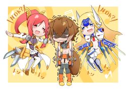 Rule 34 | 3girls, animal ears, arc system works, armor, armored dress, blazblue, blazblue: chronophantasma, blazblue: continuum shift, blonde hair, blue eyes, blush, bodysuit, boots, breasts, brown hair, bullying, chibi, crying, faulds, forehead protector, gloves, hair ornament, hair tubes, izayoi (blazblue), kuroshiro (ms-2420), laughing, long hair, makoto nanaya, mecha musume, midriff, mu-12, multiple girls, odd one out, open mouth, orange skirt, ponytail, red eyes, red hair, sad, shaded face, short hair, skirt, smile, squirrel ears, squirrel tail, tail, tears, thighhighs, tonfa, trembling, troll face, wavy mouth, weapon