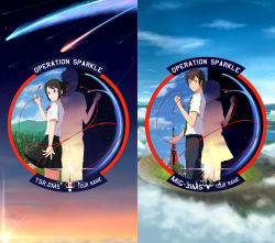 Rule 34 | 10s, 1boy, 1girl, absurdres, aircraft, airplane, attack aircraft, black hair, blue eyes, brown eyes, brown hair, cloud, comet, commentary, copyright name, day, diffraction spikes, green necktie, hair ribbon, highres, interceptor aircraft, kimi no na wa., looking at viewer, mig-31, miyamizu mitsuha, necktie, night, night sky, penetrator (aircraft), prototype design, reconnaissance aircraft, red ribbon, ribbon, school uniform, short sleeves, sky, smile, stratos 4, striped necktie, striped neckwear, tachibana taki, thompson (solowingfh), tsr-2, twilight