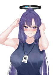 Rule 34 | 1girl, absurdres, amai-pai, armpits, arms up, blue archive, breasts, closed mouth, halo, highres, id card, large breasts, long hair, looking at viewer, official alternate costume, official alternate hairstyle, patreon username, pixiv username, ponytail, purple eyes, purple hair, shirt, sleeveless, sleeveless shirt, smile, solo, star sticker, sticker on face, sweat, upper body, white background, yuuka (blue archive), yuuka (track) (blue archive)