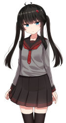 Rule 34 | 1girl, black hair, black sailor collar, black skirt, black thighhighs, blue eyes, blush, breasts, closed mouth, commentary request, cowboy shot, full body, grey shirt, hair ornament, head tilt, highres, loafers, long hair, long sleeves, looking at viewer, necktie, original, pleated skirt, red necktie, sailor collar, school uniform, serafuku, shirt, shoes, sidelocks, simple background, skirt, small breasts, solo, standing, thick eyebrows, thighhighs, twintails, white background, yakob labo, zettai ryouiki