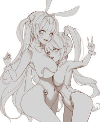 Rule 34 | 2girls, :d, alice (nikke), alice (wonderland bunny) (nikke), animal ears, antenna hair, bare shoulders, blush, bow, bowtie, breasts, carrot hair ornament, cleavage, collarbone, detached collar, fake animal ears, food-themed hair ornament, from side, goddess of victory: nikke, greyscale, hair between eyes, hair intakesgoddess of victory: nikke, hair ornament, heart antenna hair, highleg, highleg leotard, large breasts, leotard, long hair, looking at viewer, medium breasts, monochrome, multiple girls, open mouth, pantyhose, playboy bunny, rabbit ears, sidelocks, smile, soda (nikke), soda (twinkling bunny) (nikke), strapless, strapless leotard, ttong824, twintails, unfinished, v, wrist cuffs