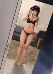 Rule 34 | 1girl, animal ears, bikini, black bikini, black hair, breasts, brown eyes, cat ears, cellphone, cleavage, couch, dutch angle, fake animal ears, fur trim, high heels, highres, holding, holding phone, indoors, medium breasts, medium hair, mirror, navel, original, phone, reflection, selfie, signature, smartphone, smile, solo, standing, swimsuit, taking picture, twintails, v, zyl