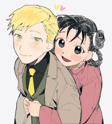 Rule 34 | 1boy, 1girl, :d, alphonse elric, arms around waist, arms at sides, black eyes, black hair, black shirt, blonde hair, blush, blush stickers, braid, brown coat, chinese clothes, closed mouth, coat, collared shirt, cu churain, curly hair, double bun, dress shirt, earrings, eyelashes, formal, from above, fullmetal alchemist, green vest, grey background, hair between eyes, happy, heart, hug, hug from behind, jewelry, long sleeves, looking at viewer, looking up, may chang, multiple braids, necktie, open mouth, pink shirt, shirt, simple background, smile, upper body, vest, yellow eyes, yellow neckwear