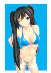 Rule 34 | 1girl, bikini, black hair, blue background, blue bikini, blue eyes, blue panties, blue theme, breasts, highres, large breasts, long hair, navel, one eye closed, original, panties, shorts, solo, swimsuit, twintails, unbuttoned, underwear, unzipped, weria, wink