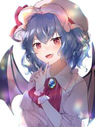 Rule 34 | 1girl, bat wings, blue hair, bow, dress, hat, highres, lens flare, mob cap, pointing, pointing at self, red bow, red eyes, red nails, remilia scarlet, short sleeves, smile, solo, touhou, white background, white dress, white hat, wings, yurara (aroma42enola)