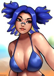 Rule 34 | 1girl, absurdres, blue hair, breasts, brown eyes, cleavage, highres, large breasts, neon (valorant), riohyeon, solo, valorant