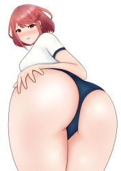 Rule 34 | 1girl, absurdres, ahoge, ass, ass grab, blush, breasts, buruma, deep skin, from behind, from below, gontyama, highres, huge ass, large breasts, looking at viewer, nintendo, open mouth, pyra (xenoblade), red eyes, red hair, shirt, short hair, sideboob, smile, solo, xeno (series), xenoblade chronicles (series), xenoblade chronicles 2, xenoblade chronicles (series), xenoblade chronicles 2