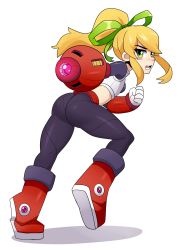 Rule 34 | 1girl, adapted costume, angeliccmadness, angry, arm cannon, ass, black leggings, blonde hair, blush stickers, boots, cannon, child, from behind, full body, green eyes, hair ribbon, highres, leggings, long hair, looking at viewer, looking back, mega man (classic), mega man (series), midriff, navel, open mouth, ponytail, red footwear, ribbon, roll (mega man), simple background, solo, standing, standing on one leg, teeth, tongue, upper teeth only, weapon, white background