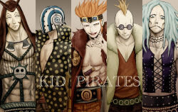 Rule 34 | 5boys, blonde hair, blue hair, character request, closed mouth, english text, eustass kid, glasgow smile, goggles, goggles on head, heat (one piece), helmet, killer (one piece), long hair, male focus, mohawk, multiple boys, one piece, open mouth, rakurakurakumiya, red hair, scar, short hair, spikes, sunglasses, wire (one piece)