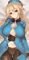 Rule 34 | 10s, 1girl, atago (kancolle), bad id, bad twitter id, beret, black gloves, blonde hair, blush, breasts, crotch seam, covered erect nipples, female focus, gloves, green eyes, hat, jacket, kantai collection, large breasts, long hair, looking at viewer, lying, military, military uniform, mukka, on back, open clothes, open jacket, panties, panties under pantyhose, pantyhose, smile, solo, underwear, uniform