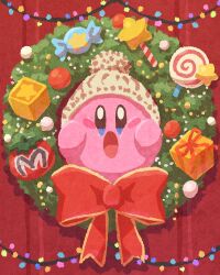 Rule 34 | beanie, blue eyes, blush stickers, bow, candy, cheek squash, christmas, christmas lights, christmas ornaments, christmas wreath, colored skin, commentary request, door, food, gift, hat, highres, invincible candy, kirby, kirby (series), looking at viewer, miclot, nintendo, no humans, open mouth, pink skin, pom pom (clothes), pom pom beanie, red background, red bow, shadow, solo, star (symbol), star block, star rod, straight-on, tomato, white hat, wreath