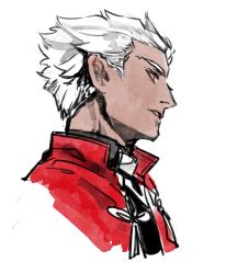 Rule 34 | 1boy, archer (fate), dark skin, dark-skinned male, fate/stay night, fate (series), hair slicked back, jacket, looking afar, male focus, parted lips, portrait, profile, red eyes, red jacket, simple background, solo, tenobe, white background, white hair