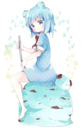 Rule 34 | 1girl, :q, bad id, bad pixiv id, barefoot, beamed eighth notes, beamed sixteenth notes, blue dress, blue eyes, blue hair, blush, bow, brown bow, closed mouth, commentary, dress, eighth note, english commentary, food, full body, highres, holding, holding spoon, ice cream, in food, musical note, original, polka dot, polka dot dress, puffy short sleeves, puffy sleeves, quarter note, short eyebrows, short sleeves, simple background, sitting, smile, solo, spoon, thick eyebrows, tongue, tongue out, treble clef, tsukiyo (skymint), white background