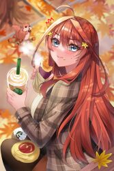 Rule 34 | 1girl, ahoge, autumn, autumn leaves, black pantyhose, blue eyes, brand name imitation, breasts, brown jacket, brown skirt, commentary request, cup, disposable cup, eating hair, facing to the side, food, food on face, go-toubun no hanayome, hair between eyes, hair ornament, highres, holding, holding cup, jacket, large breasts, lemon t, long hair, looking at viewer, nakano itsuki, notice lines, on bench, outdoors, pantyhose, plaid, plaid jacket, red hair, sitting, skirt, solo, squirrel, star (symbol), star hair ornament