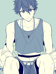 Rule 34 | 1boy, closed mouth, commentary request, drawstring, ensemble stars!, hair between eyes, highres, jewelry, kanata (toukenhtsk), looking at viewer, male focus, midriff, morisawa chiaki, navel, necklace, official alternate costume, short hair, shorts, simple background, sleeveless, solo, tank top
