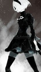 Rule 34 | 1girl, android, artist request, black dress, black hairband, black thighhighs, blindfold, boots, dress, gloves, hairband, juliet sleeves, long sleeves, monochrome, nier (series), nier:automata, puffy sleeves, short hair, solo, thigh boots, thighhighs, white hair, 2b (nier:automata)