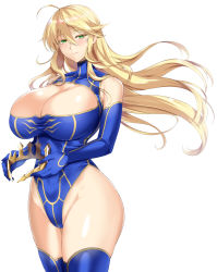 Rule 34 | 1girl, ahoge, artoria pendragon (fate), artoria pendragon (lancer) (fate), bare shoulders, blonde hair, blue gloves, blue leotard, blue thighhighs, blush, breasts, cleavage, closed mouth, crown, curvy, elbow gloves, fate/grand order, fate (series), gloves, green eyes, hair between eyes, hair down, heattech leotard, highleg, highleg leotard, huge breasts, kumakichi (cost-lost), leotard, long hair, looking at viewer, sidelocks, simple background, smile, solo, swept bangs, thick thighs, thighhighs, thighs, turtleneck, unworn crown, white background, wide hips