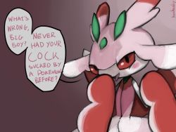 Rule 34 | :d, arthropod girl, blush, creatures (company), english text, game freak, gen 7 pokemon, half-closed eyes, looking at viewer, lurantis, nintendo, no humans, open mouth, pokemon, pokemon (creature), pokemon sm, red eyes, smile, speech bubble, text focus, tongue