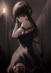 Rule 34 | 1girl, absurdres, black dress, black gloves, black hair, black thighhighs, blood, blood on clothes, blood on face, dagger, dress, dual wielding, earrings, flower, gloves, hair flower, hair ornament, hairband, highres, holding, holding weapon, jewelry, knife, looking at viewer, off-shoulder dress, off shoulder, red eyes, rose, sidelocks, smile, sparkle, spy x family, thighhighs, weapon, winterlime12, yor briar
