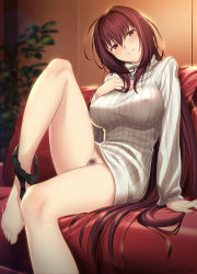 Rule 34 | 1girl, arm support, bare legs, barefoot, black panties, blurry, blurry background, blush, breasts, closed mouth, commentary request, couch, covered erect nipples, fate/grand order, fate (series), female pubic hair, futami (mg42fw190d), hair between eyes, hair flowing over, hand on own chest, head tilt, highres, indoors, knee up, large breasts, long hair, looking at viewer, panties, pubic hair, purple hair, red eyes, ribbed sweater, scathach (fate), sidelocks, sitting, smile, solo, sweater, turtleneck, turtleneck sweater, underwear, very long hair, white sweater