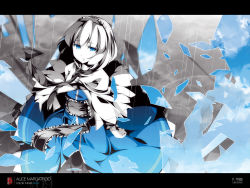 Rule 34 | 1girl, alice margatroid, asakura masatoki, blue eyes, blue theme, broken glass, capelet, character name, day, dress, female focus, from above, glass, hairband, highres, letterboxed, looking up, monochrome, obi, partially colored, rain, sad, sash, shatter, short hair, sky, solo, standing, touhou