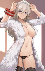 Rule 34 | 1girl, alisa ilinichina amiella, alternate costume, arms up, black panties, black thighhighs, blue eyes, blush, breasts, cleavage, closed mouth, coat, collarbone, cowboy shot, fur coat, god eater, highres, j@ck, jewelry, large breasts, long hair, looking at viewer, navel, necklace, no bra, open clothes, open coat, panties, silver hair, smile, solo, stomach, thighhighs, tiara, underwear, white coat