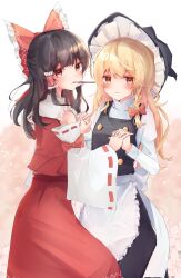 Rule 34 | 2girls, apron, bare shoulders, black headwear, black skirt, black vest, blonde hair, bow, brown eyes, brown hair, detached sleeves, food, frilled apron, frills, hair bow, hair tubes, hakurei reimu, hat, hat bow, highres, japanese clothes, kirisame marisa, long sleeves, multiple girls, nontraditional miko, pocky, pocky day, red bow, ribbon-trimmed sleeves, ribbon trim, shirt, sidelocks, skirt, taguno, touhou, vest, white apron, white bow, white shirt, white sleeves, wide sleeves, witch hat, yellow eyes, yuri