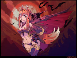 Rule 34 | 1girl, :d, animal ears, bat (animal), bikini, black border, border, cape, commentary, commentary request, english commentary, fangs, halloween, halloween costume, holo, looking at viewer, moon, navel, open mouth, orange hair, purple bikini, purple cape, purple thighhighs, ramenwarwok, red eyes, red moon, smile, solo, spice and wolf, swimsuit, tail, thighhighs, vampire, vampire costume, wolf ears, wolf tail