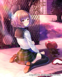 Rule 34 | 1girl, black thighhighs, blush, box, brown hair, candy, chain-link fence, chocolate, chocolate heart, company name, fence, food, from side, hand on own arm, hanekoto, heart, heart-shaped box, loafers, looking back, plaid, plaid skirt, school uniform, serafuku, shoes, short hair, sitting, skirt, solo, spill, stairs, thighhighs, tree, valentine, wavy hair, wavy mouth