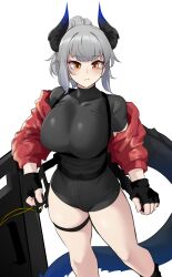 Rule 34 | 1girl, :&lt;, absurdres, arknights, black gloves, black shirt, black shorts, blush, breasts, dragon girl, dragon horns, dragon tail, feet out of frame, fingerless gloves, gloves, grey hair, highres, horns, jacket, k0ng, large breasts, liskarm (arknights), looking at viewer, official art, ponytail, red jacket, shirt, short sleeves, shorts, simple background, solo, tail, white background, yellow eyes