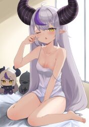 Rule 34 | 1girl, absurdres, ahoge, bare arms, bare legs, bare shoulders, barefoot, black horns, blush, breasts, camisole, character doll, collarbone, feet, full body, grey hair, highres, hololive, horns, indoors, iry illust, la+ darknesss, long hair, looking at viewer, multicolored hair, off shoulder, on bed, one eye closed, open mouth, pointy ears, purple hair, rubbing eyes, sidelocks, sitting, small breasts, solo, straight hair, thighs, very long hair, virtual youtuber, waking up, wariza, white camisole, white hair, window, yellow eyes