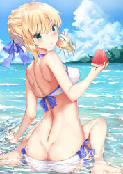 Rule 34 | 1girl, :t, ahoge, aqua eyes, artoria pendragon (all), artoria pendragon (fate), artoria pendragon (swimsuit archer) (fate), artoria pendragon (swimsuit archer) (first ascension) (fate), ass, barefoot, bikini, blonde hair, blue ribbon, blue sky, blush, braid, breasts, butt crack, cloud, day, dimples of venus, duplicate, eating, fate/grand order, fate (series), food, food on face, french braid, from behind, fruit, hair ribbon, holding, holding food, holding fruit, horizon, looking at viewer, looking back, medium breasts, ocean, outdoors, partially submerged, revision, ribbon, rong yi tan, saber (fate), side-tie bikini bottom, sidelocks, sitting, sky, solo, summer, swimsuit, wariza, water, water gun, watermelon, wet