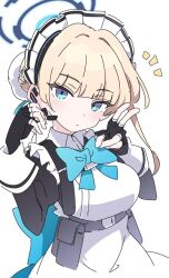 Rule 34 | 1girl, black gloves, blonde hair, blue archive, blue eyes, duplicate, fingerless gloves, gloves, ixy, looking at viewer, maid, short hair, simple background, solo, toki (blue archive), upper body, v, white background