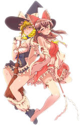 Rule 34 | 2girls, absurdres, bare shoulders, between breasts, blonde hair, bloomers, blush, bow, breasts, broom, brown hair, cleavage cutout, clothing cutout, cover image, detached sleeves, fingerless gloves, frills, full-face blush, full body, gloves, gohei, hair between eyes, hair bow, hair tubes, hakurei reimu, holding hands, hat, hat bow, highres, kirisame marisa, multiple girls, no shoes, open mouth, red bow, sideboob, taisa061, thighhighs, touhou, underwear, undressing, white background, white legwear, wide sleeves, witch hat, zettai ryouiki