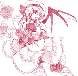 Rule 34 | 1girl, ascot, bat wings, brooch, female focus, flower, hat, himeno suika, jewelry, monochrome, red flower, red rose, red theme, remilia scarlet, rose, solo, touhou, wings