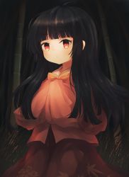 Rule 34 | 1girl, ahoge, ar (maeus), bamboo, bamboo forest, black hair, blouse, bow, bowtie, brown flower, brown skirt, chibi, closed mouth, collared shirt, commentary request, floral print, flower, forest, grass, hands up, highres, hime cut, houraisan kaguya, long hair, long sleeves, looking at viewer, nature, orange bow, orange bowtie, outdoors, own hands together, pink shirt, red eyes, shirt, sidelocks, skirt, solo, standing, touhou, wide sleeves