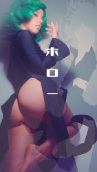 Rule 34 | 1girl, ass, barefoot, black dress, cosplay, dress, feet, green hair, logo, looking back, one-punch man, photo (medium), short hair, soles, tatsumaki, tatsumaki (cosplay)