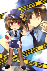 Rule 34 | 2girls, badge, braid, brown hair, caution tape, dress shirt, e-roma, hat, keep out, long hair, lowres, multiple girls, necktie, police, police uniform, red eyes, shirt, shoes, sword girls, thighhighs, uniform, whistle